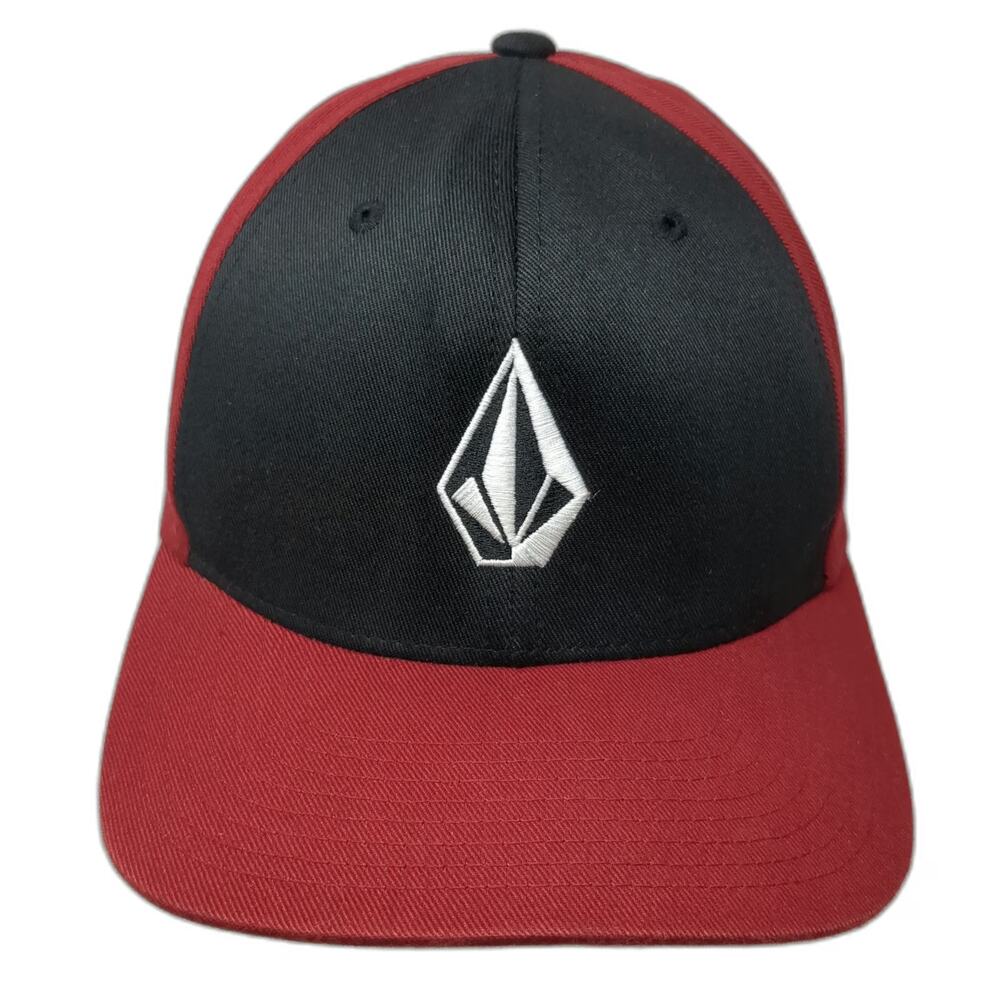 Volcom Baseball Cap Red XL Flexfit Hat Black White Stone Logo Embroidered